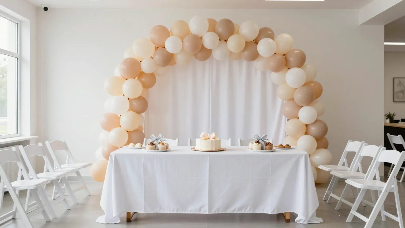 Baby shower setup with a white backdrop, balloon garland, gift table, and rows of white folding chairs