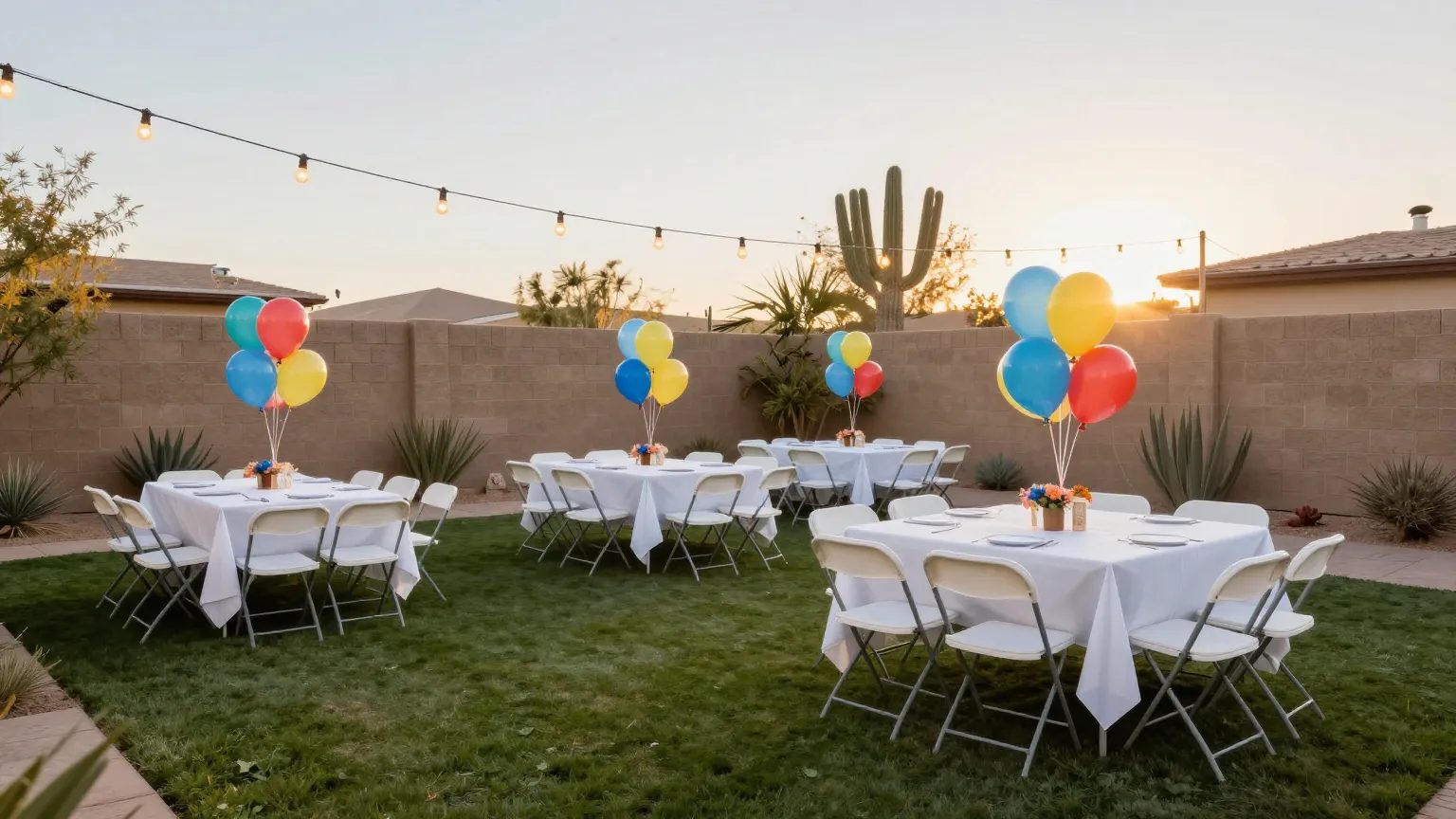 Backyard birthday setup with folding tables, white chairs, and balloon centerpieces on a lawn