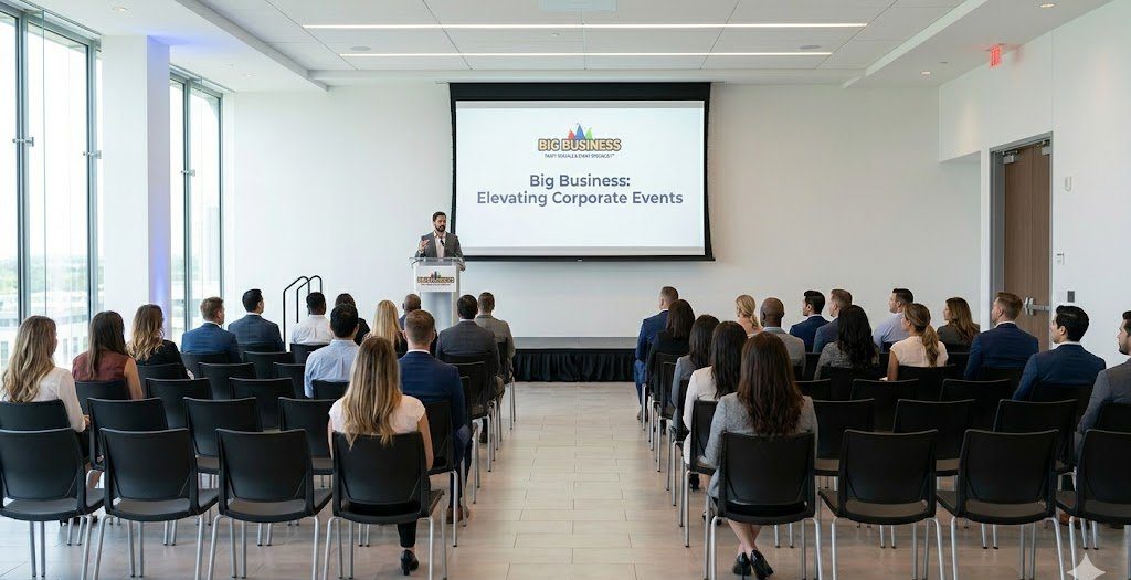 Corporate presentation setup with seating and a branded backdrop