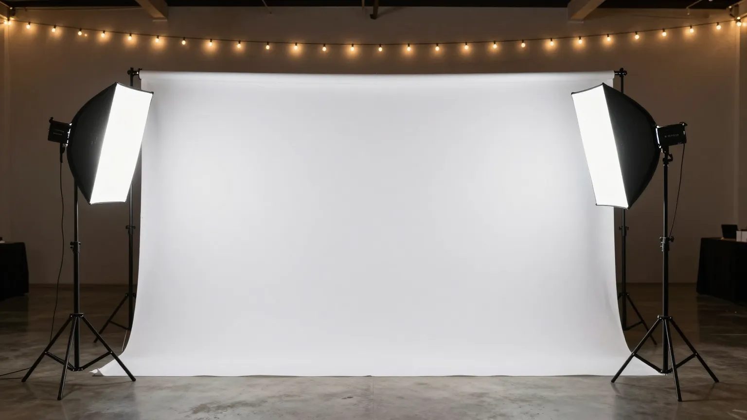 White backdrop photo station lit by two professional softbox lights