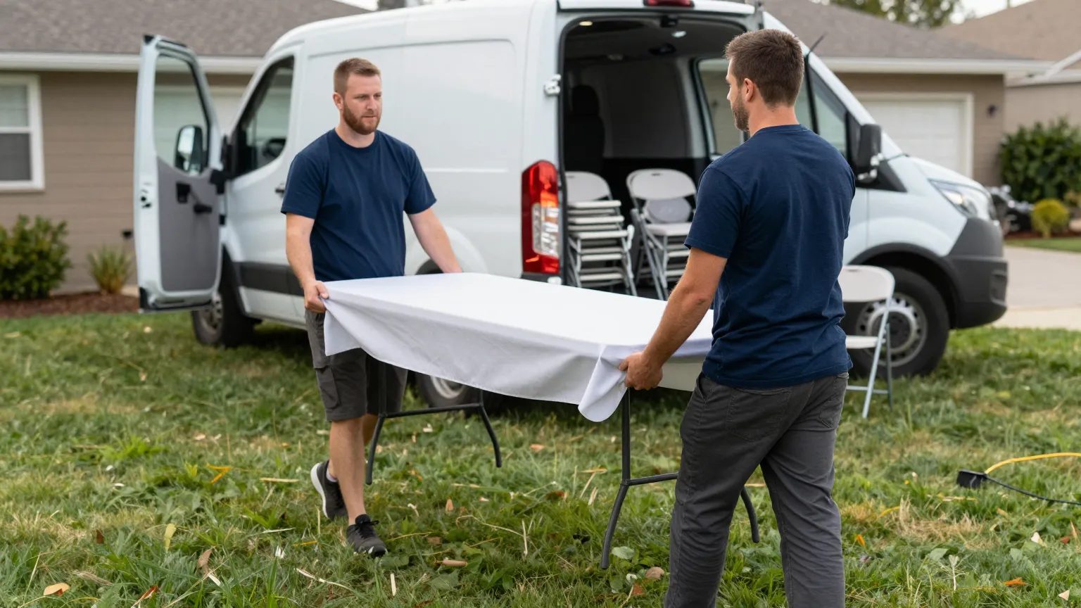 Two crew members carrying a folding table from a cargo van into a backyard